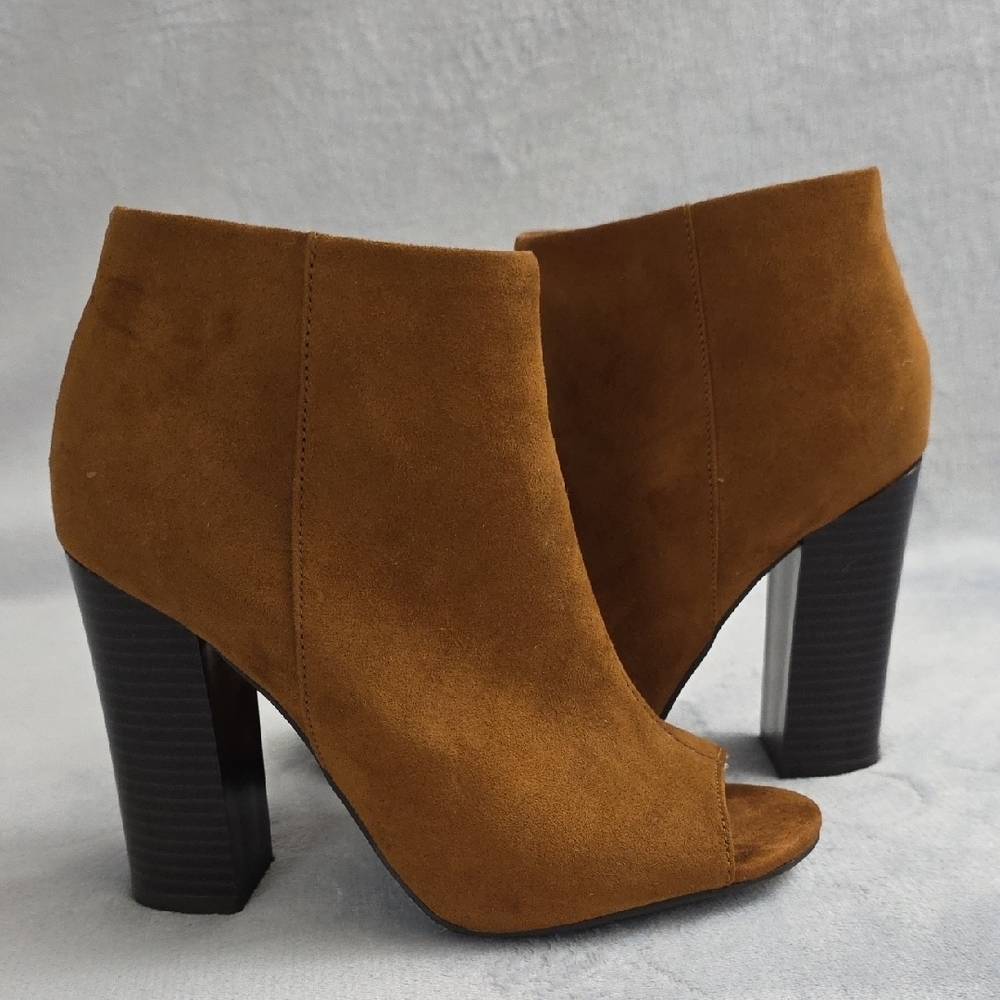 Bamboo Peep Toe Ankle Booties Womens Size 6 Brown Faux Suede Side Zip Heels - Picture 5 of 8